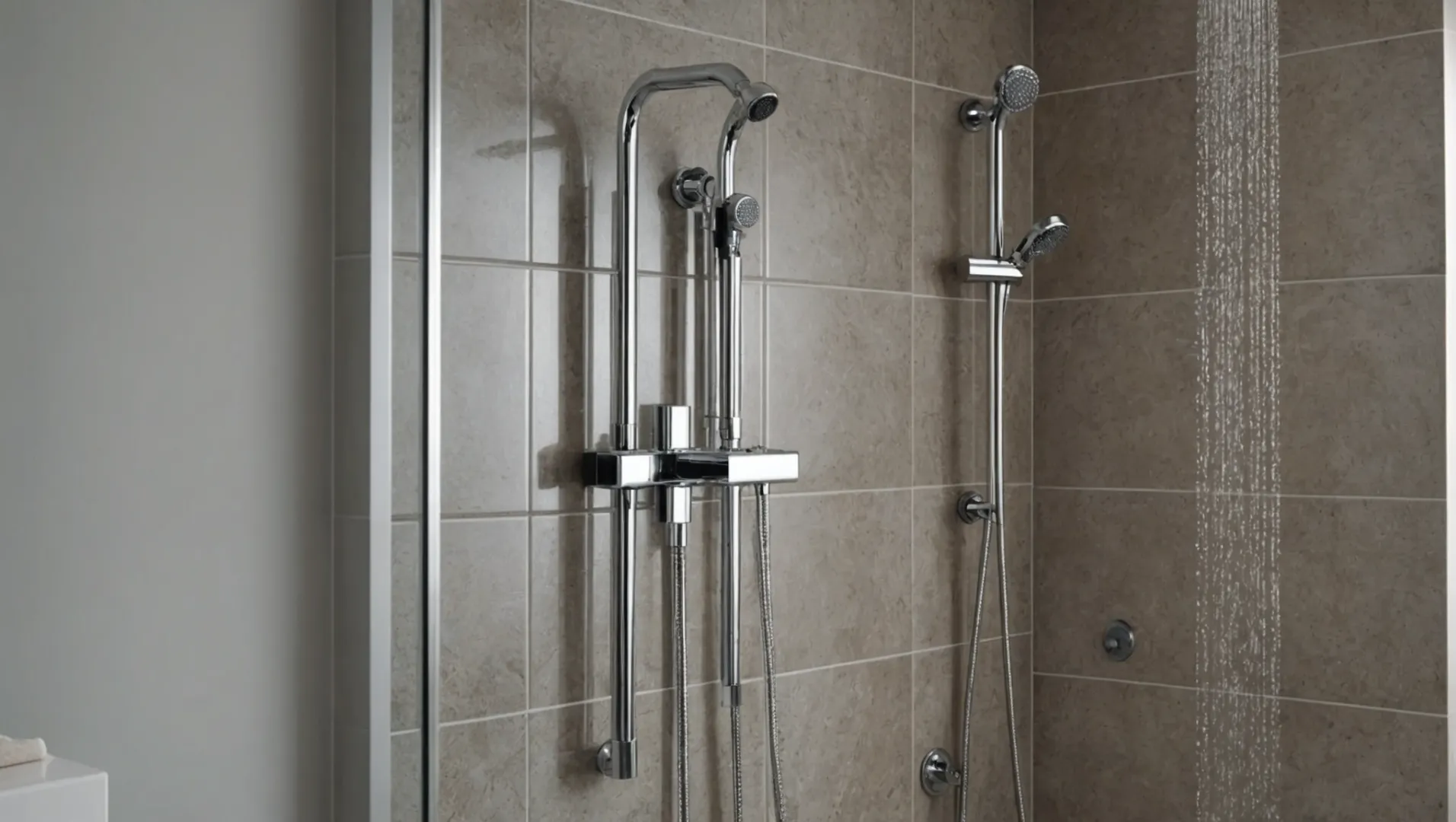 A modern bathroom with an adjustable shower head installed on a sliding rail system