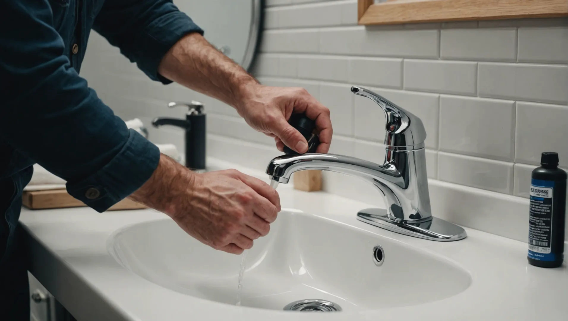 A person carefully installing a bathroom faucet, showing tools and parts involved.