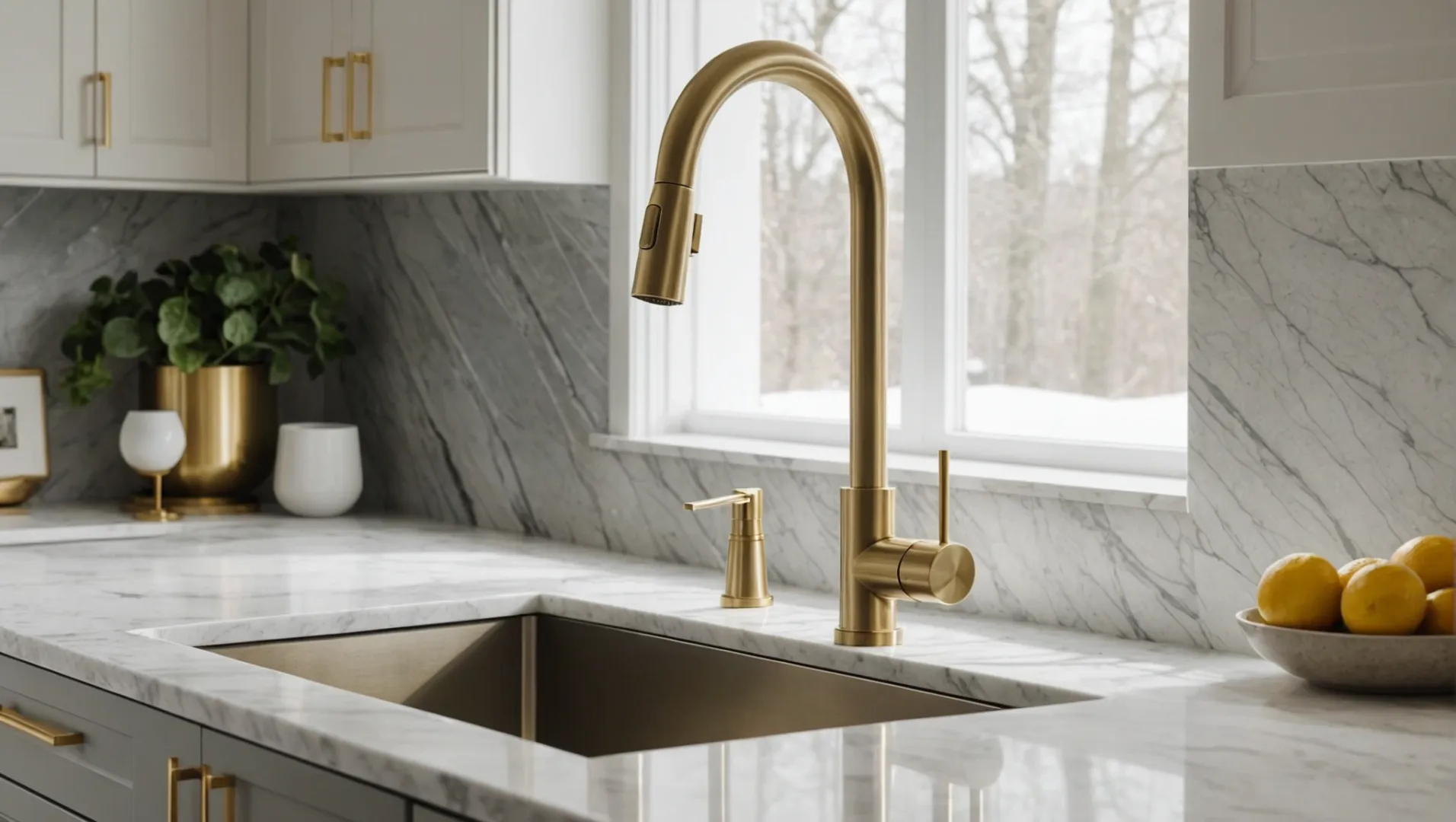 Brushed brass kitchen faucet with elegant design in a modern kitchen setting