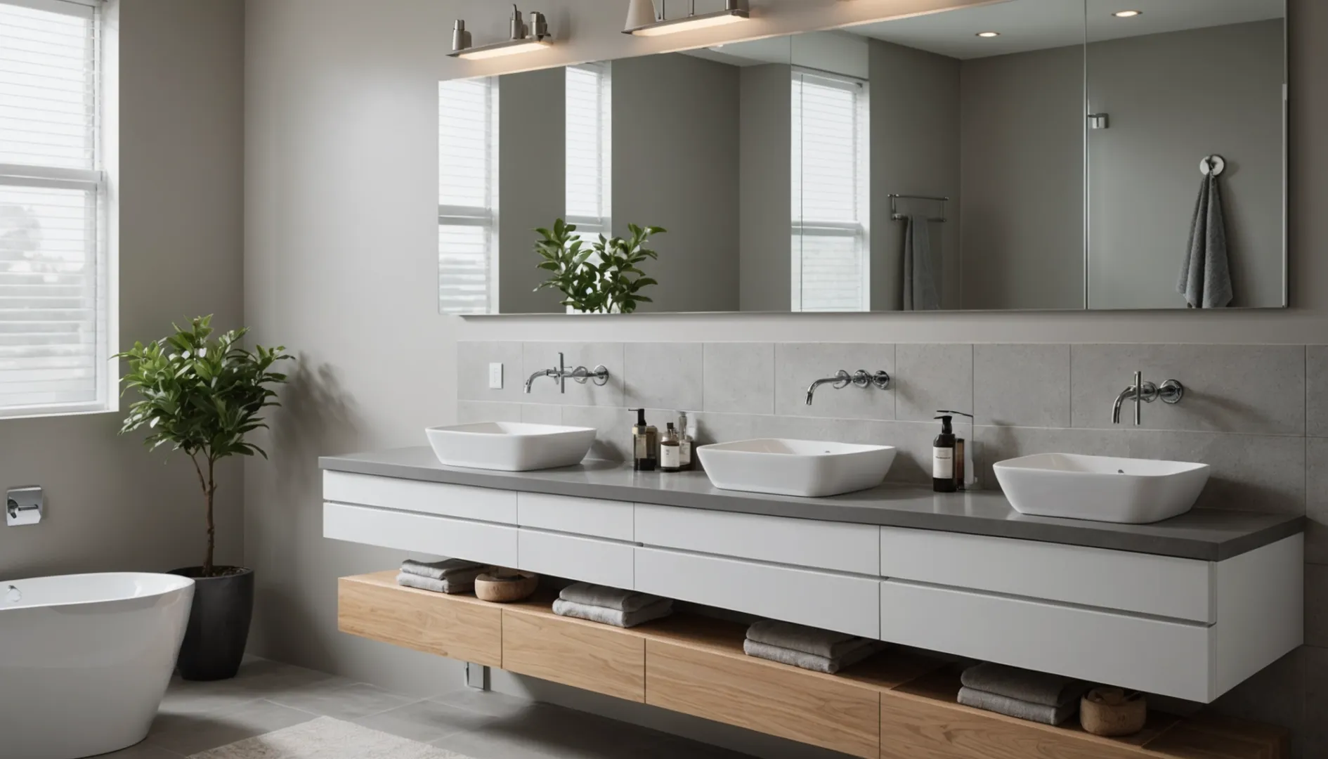 Modern bathroom with various sink types and faucet heights
