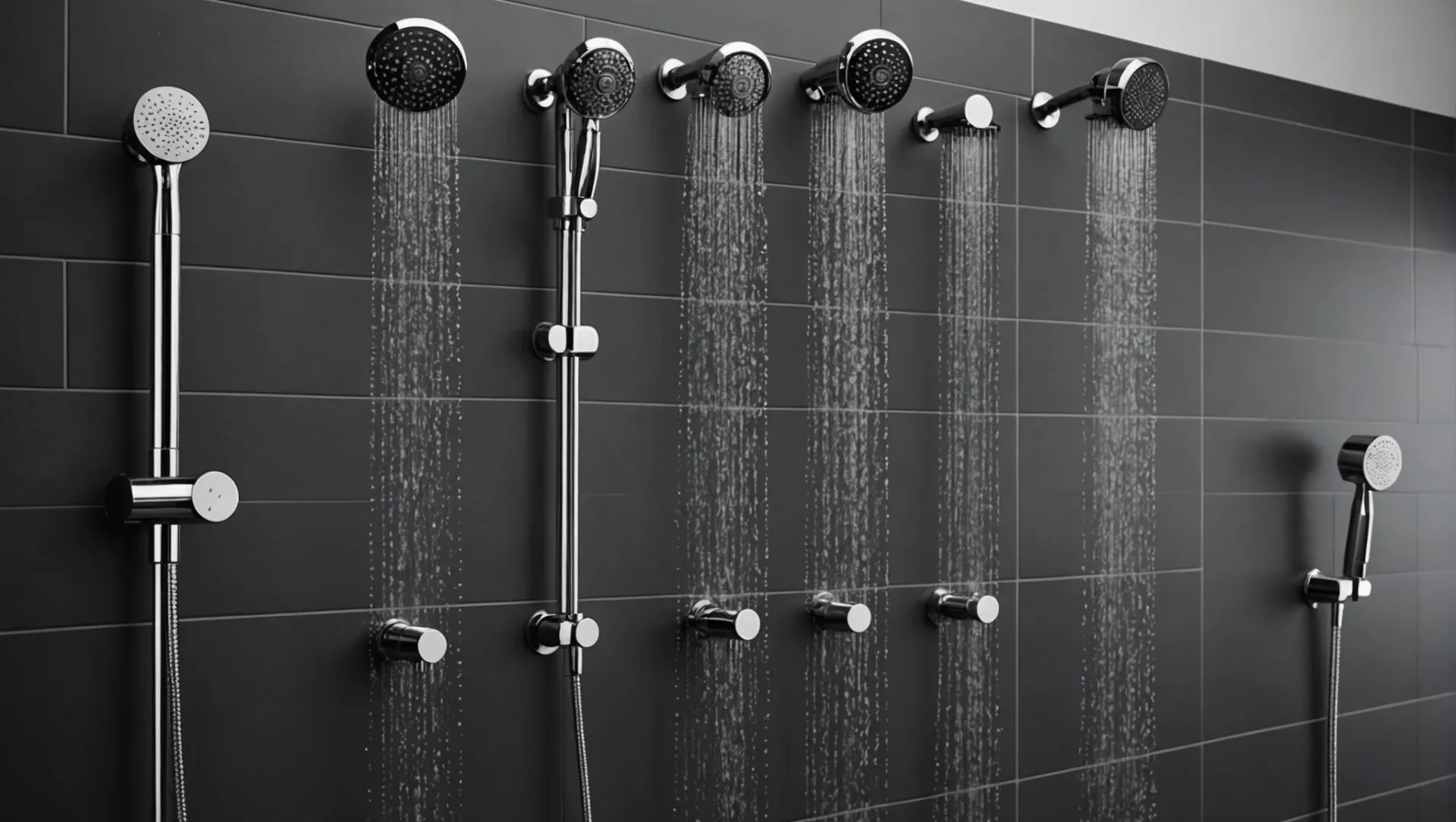Various types of shower heads displayed in a bathroom setting.