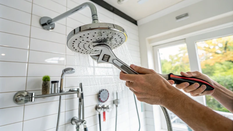 A person installing a chrome rain shower head in a modern bathroom