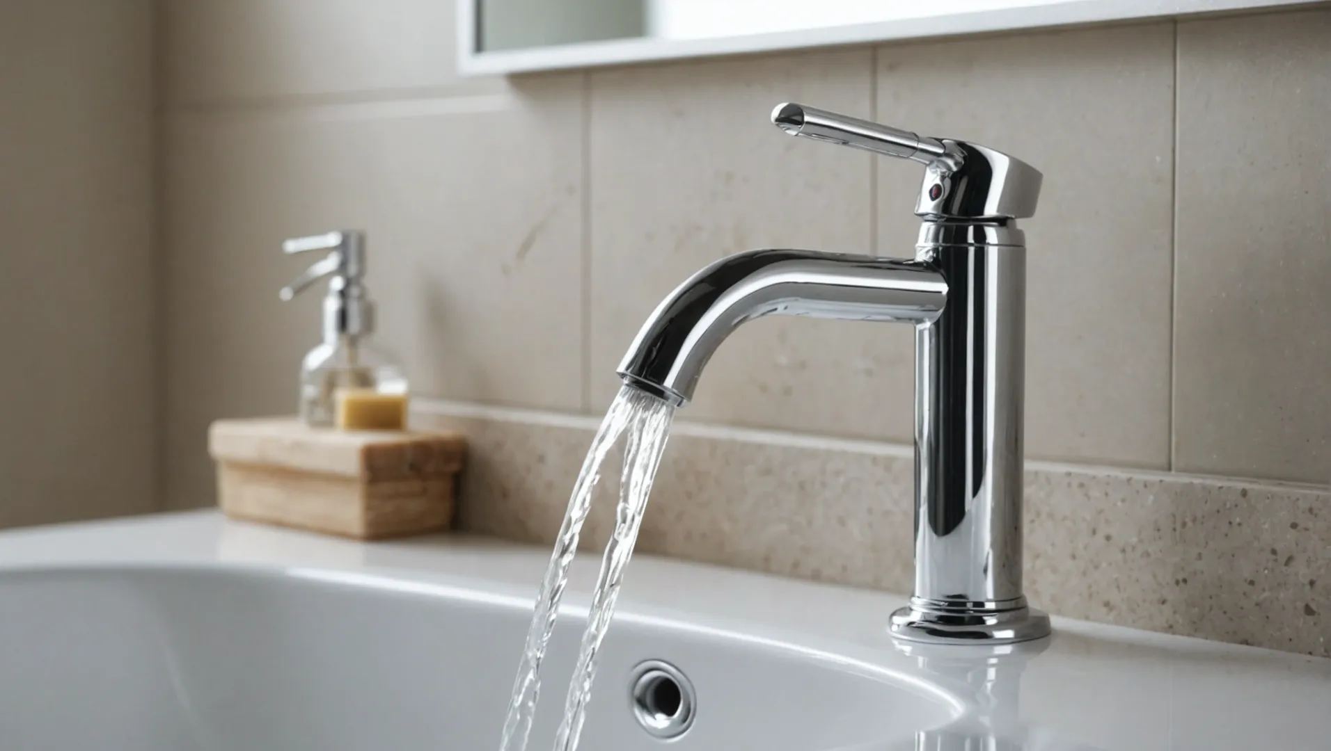 A clean and shiny bathroom faucet with soft cloth and soap solution nearby.