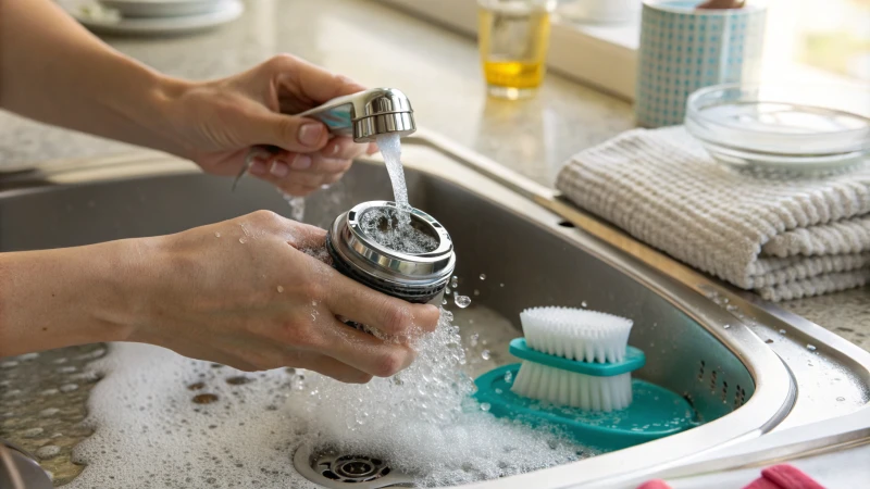 Person cleaning a faucet aerator in vinegar