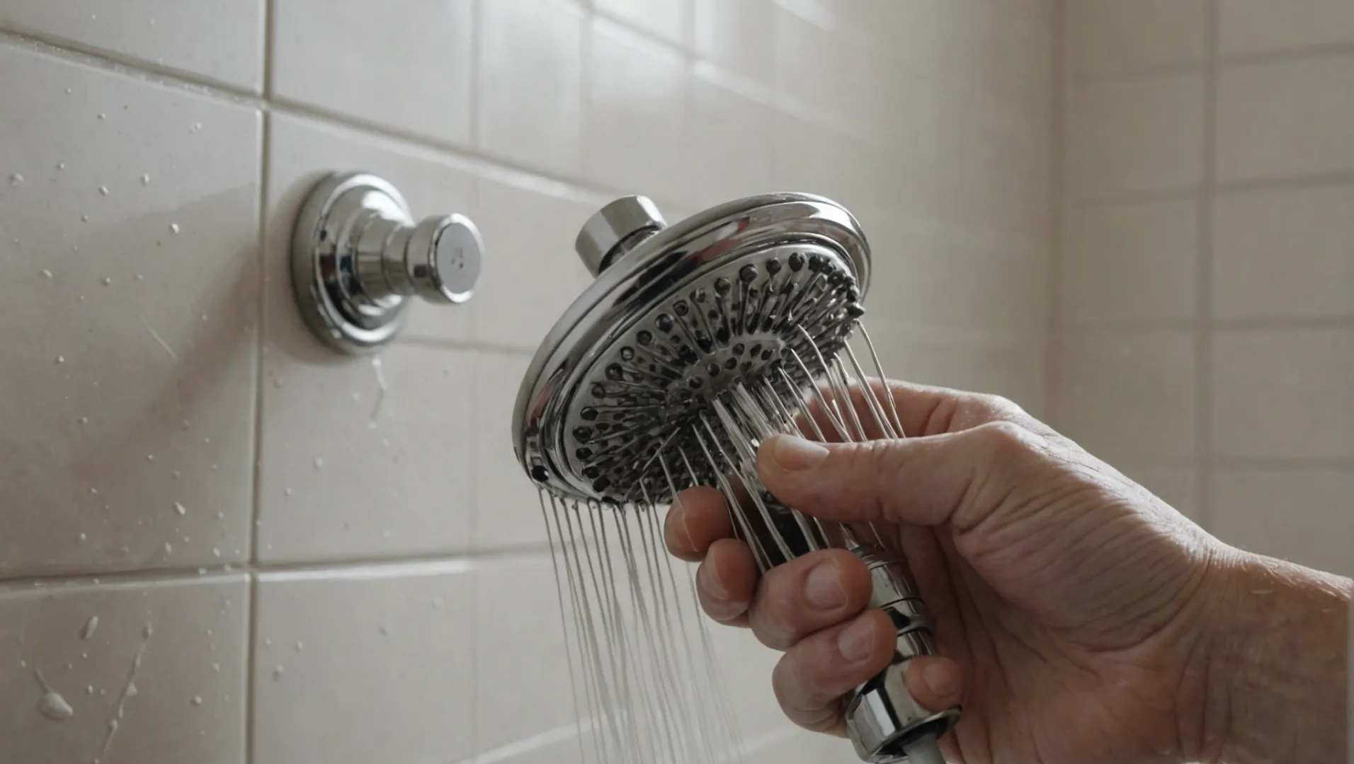 A shower head being cleaned with a baking soda paste using a toothbrush.