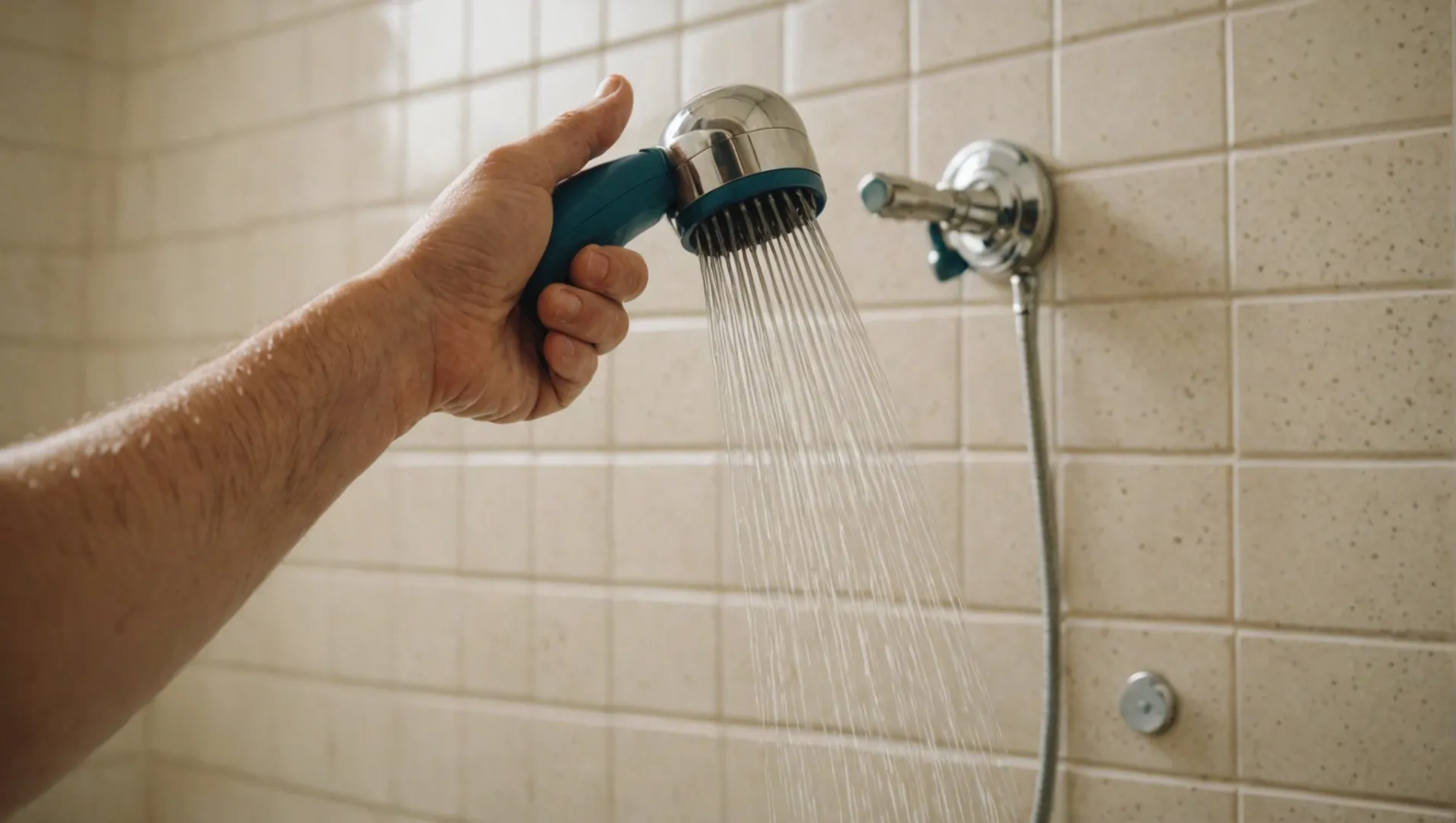 A person cleaning a shower head with a brush and vinegar