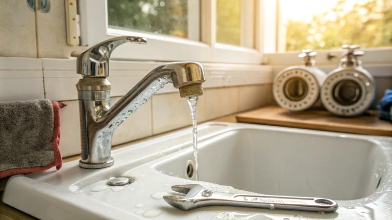 Close-up of a shiny kitchen faucet with a water leak