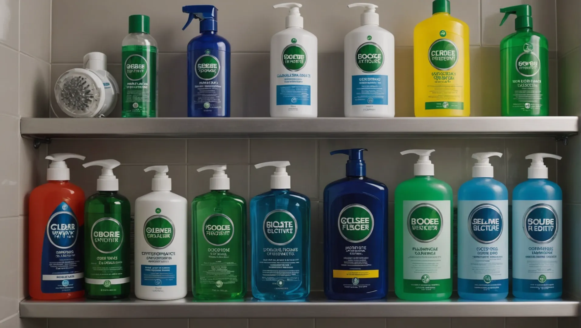 Various commercial shower head maintenance products displayed on a bathroom shelf