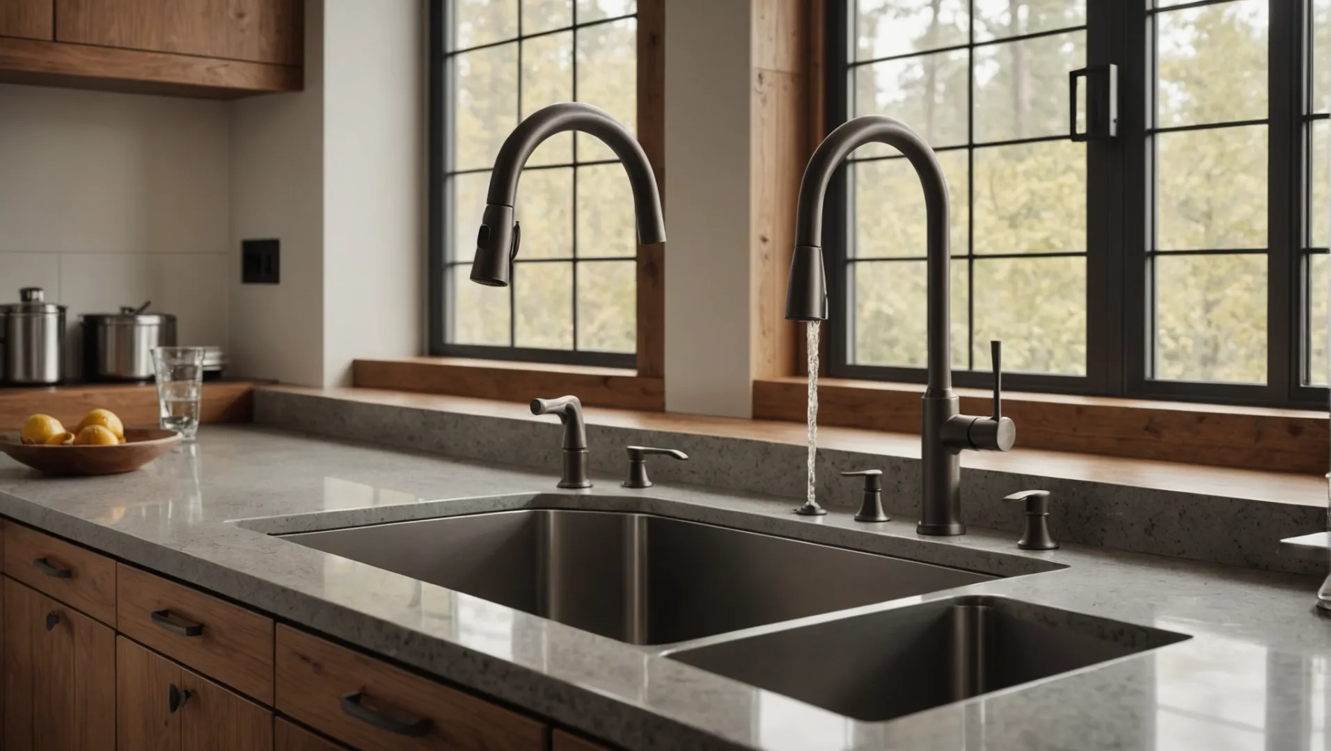 Comparison of copper and stainless steel faucets in a modern kitchen setting.