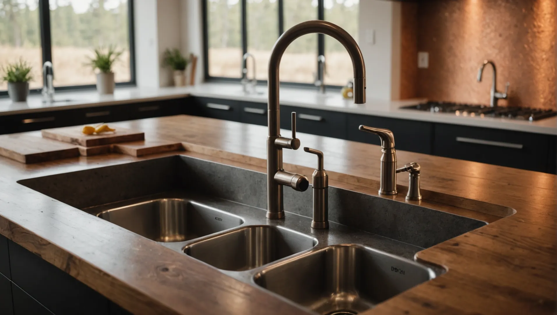 Comparison of copper and stainless steel faucets in a modern kitchen setting