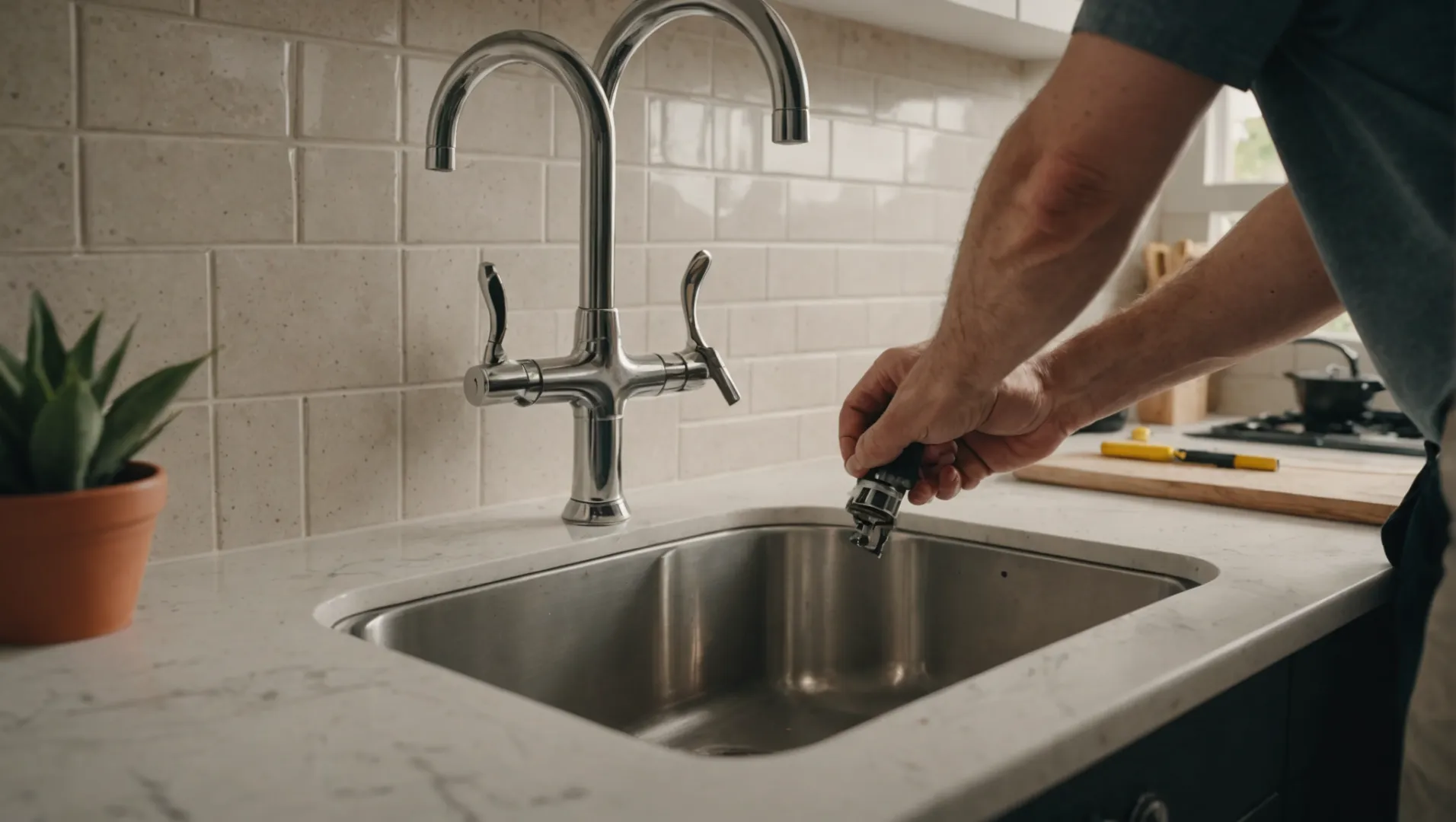 Person installing a faucet, aligning it correctly over the sink holes.