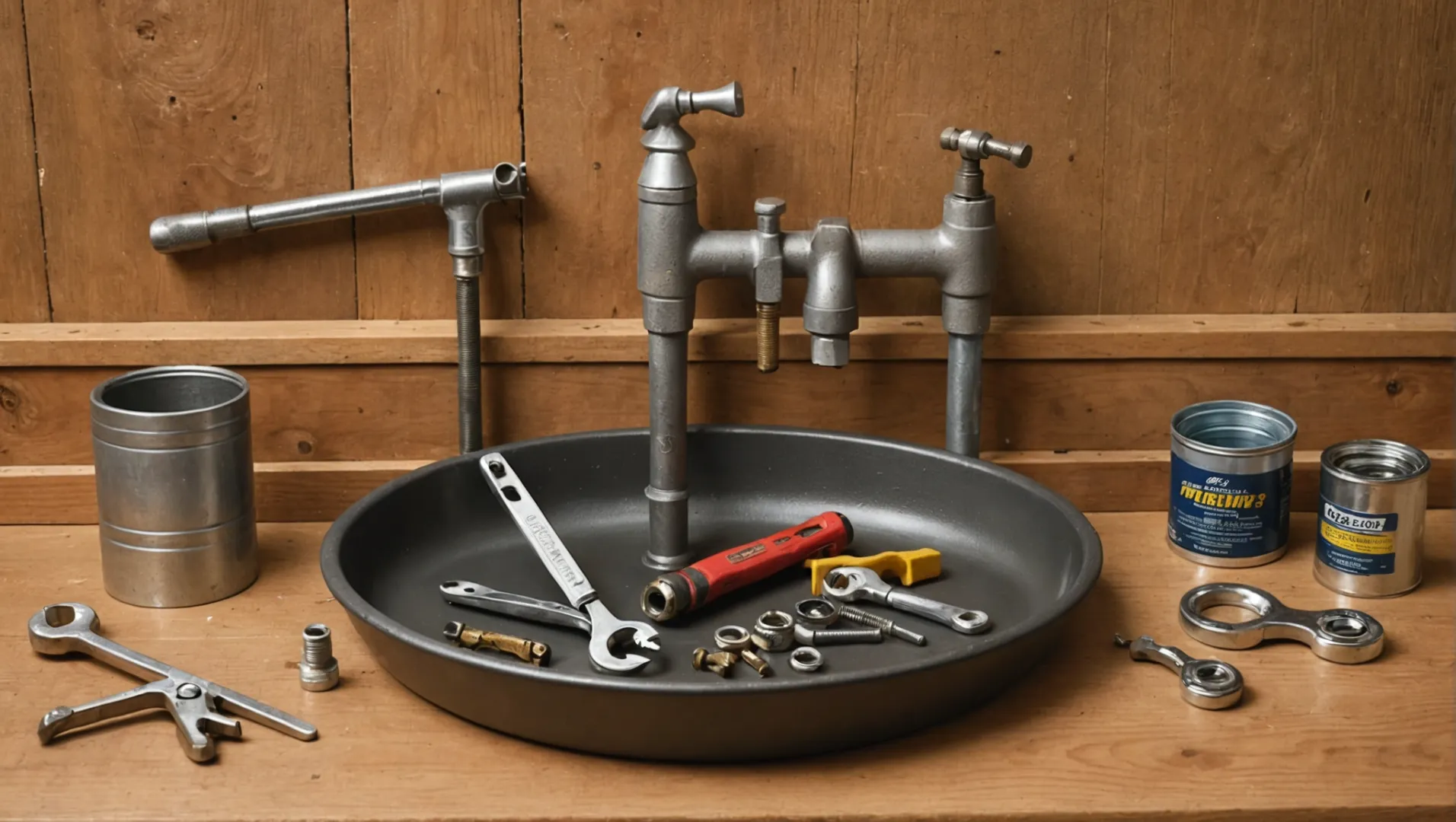 Tools and materials needed for bathroom faucet replacement arranged neatly on a workbench.