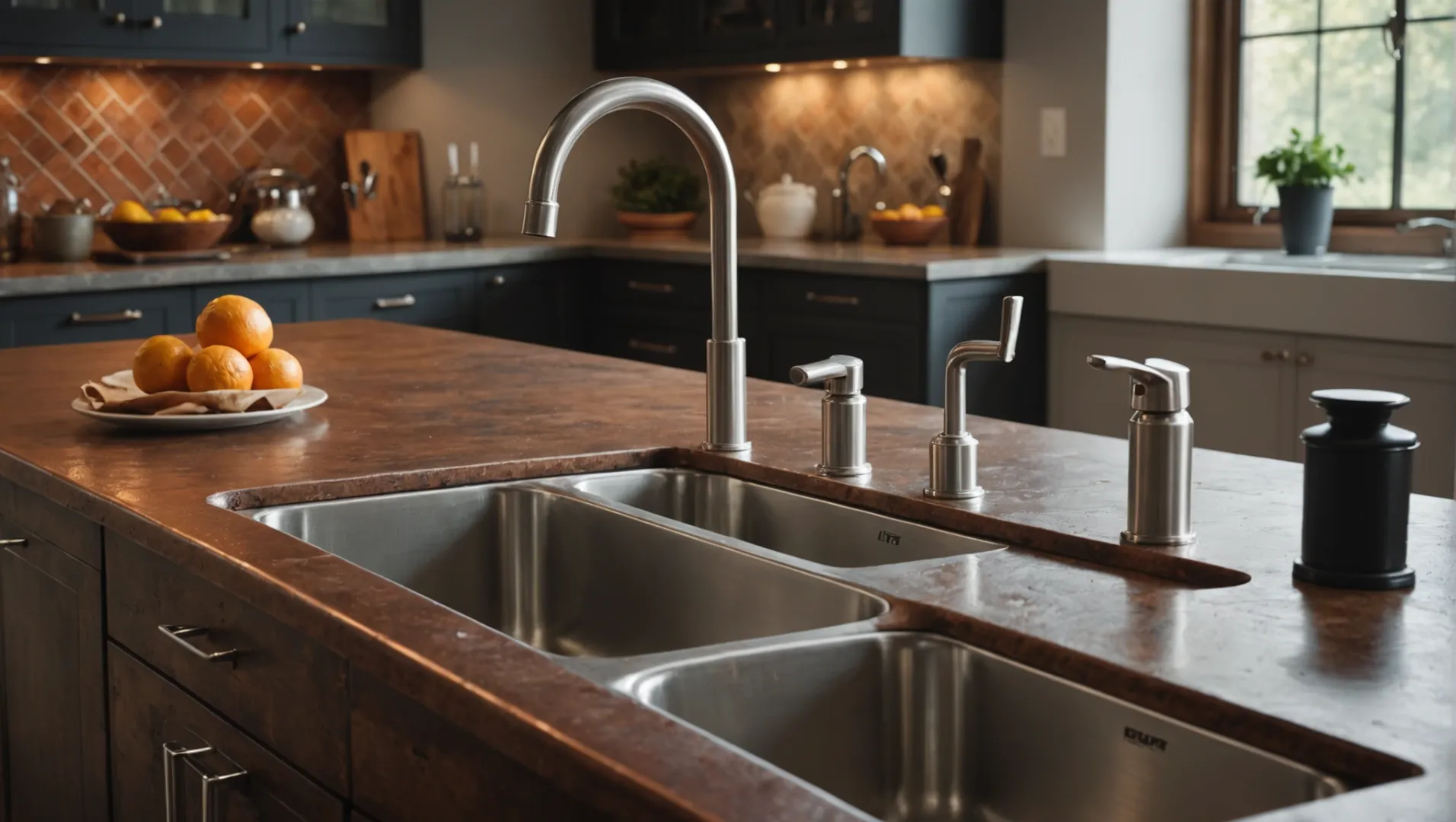 Comparison of stainless steel and copper faucets on a kitchen counter