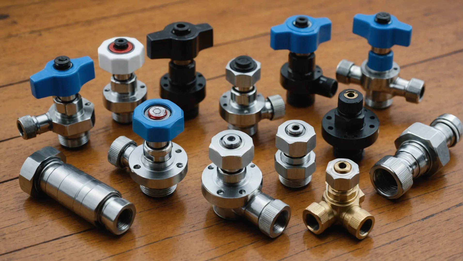Various types of faucet valves on a table