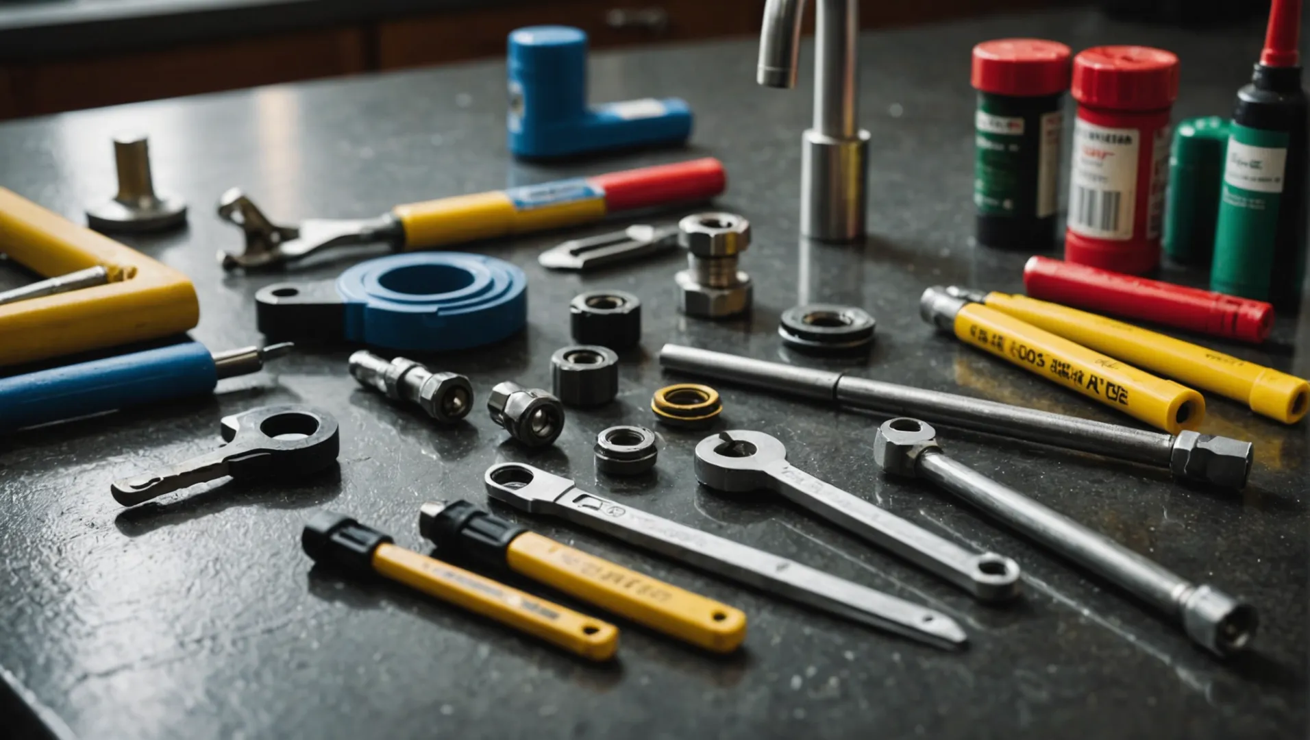 A collection of tools needed for faucet valve repair