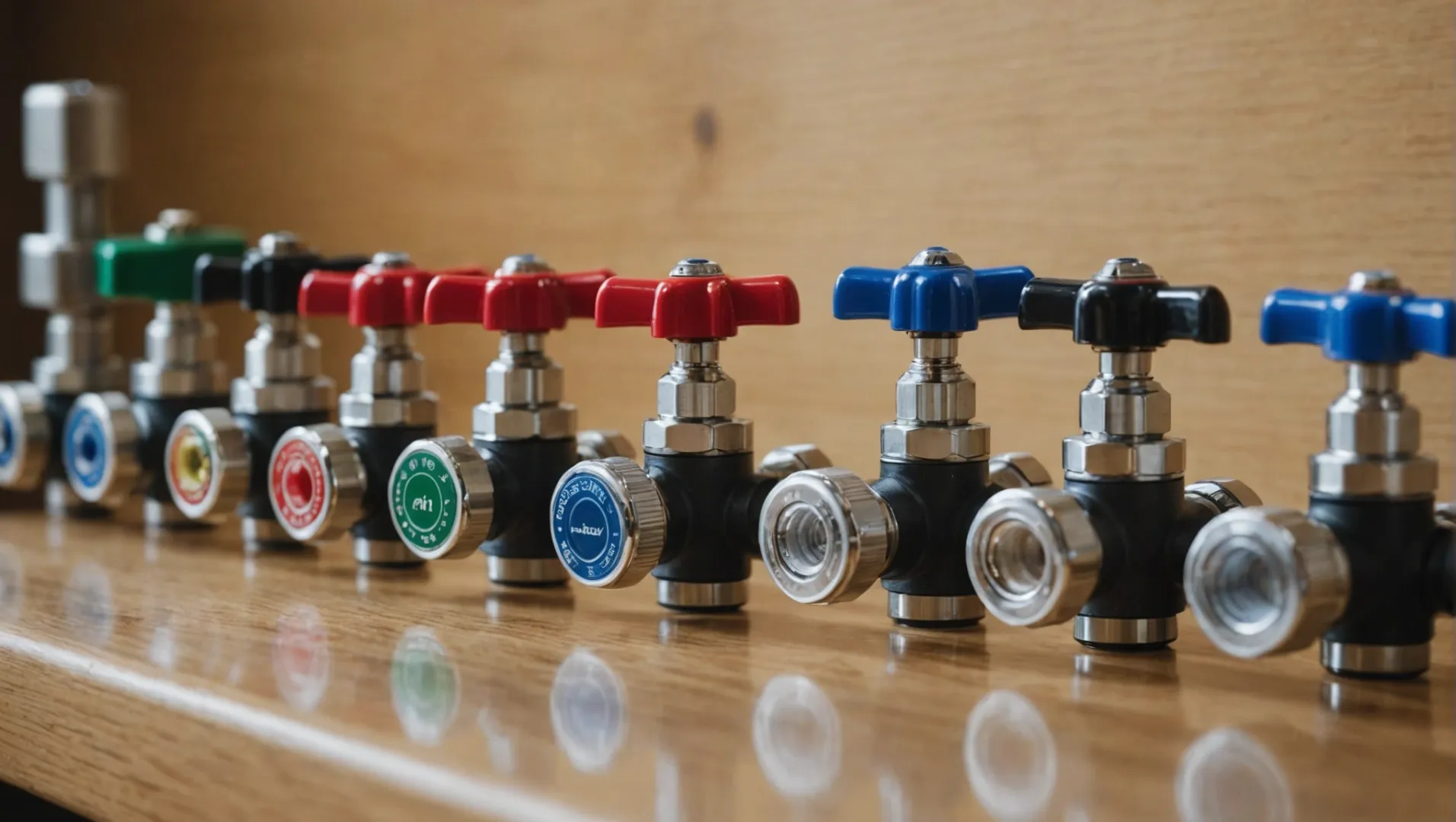 Close-up of different faucet valves on a display board, including ceramic disc, compression, ball, and cartridge valves.