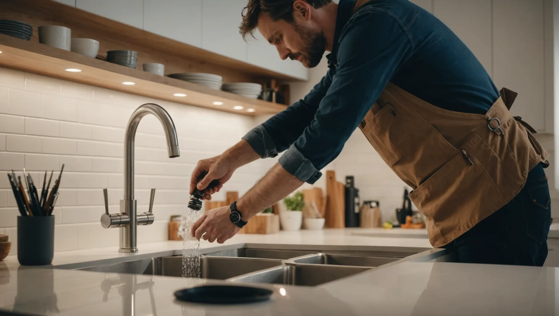 Person installing a single handle kitchen faucet in a modern kitchen