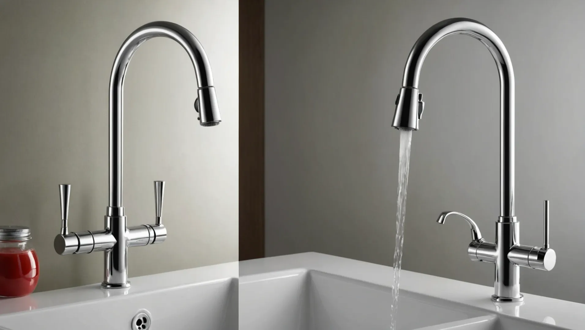 Comparison of kitchen and bathroom faucets with distinct designs and sizes
