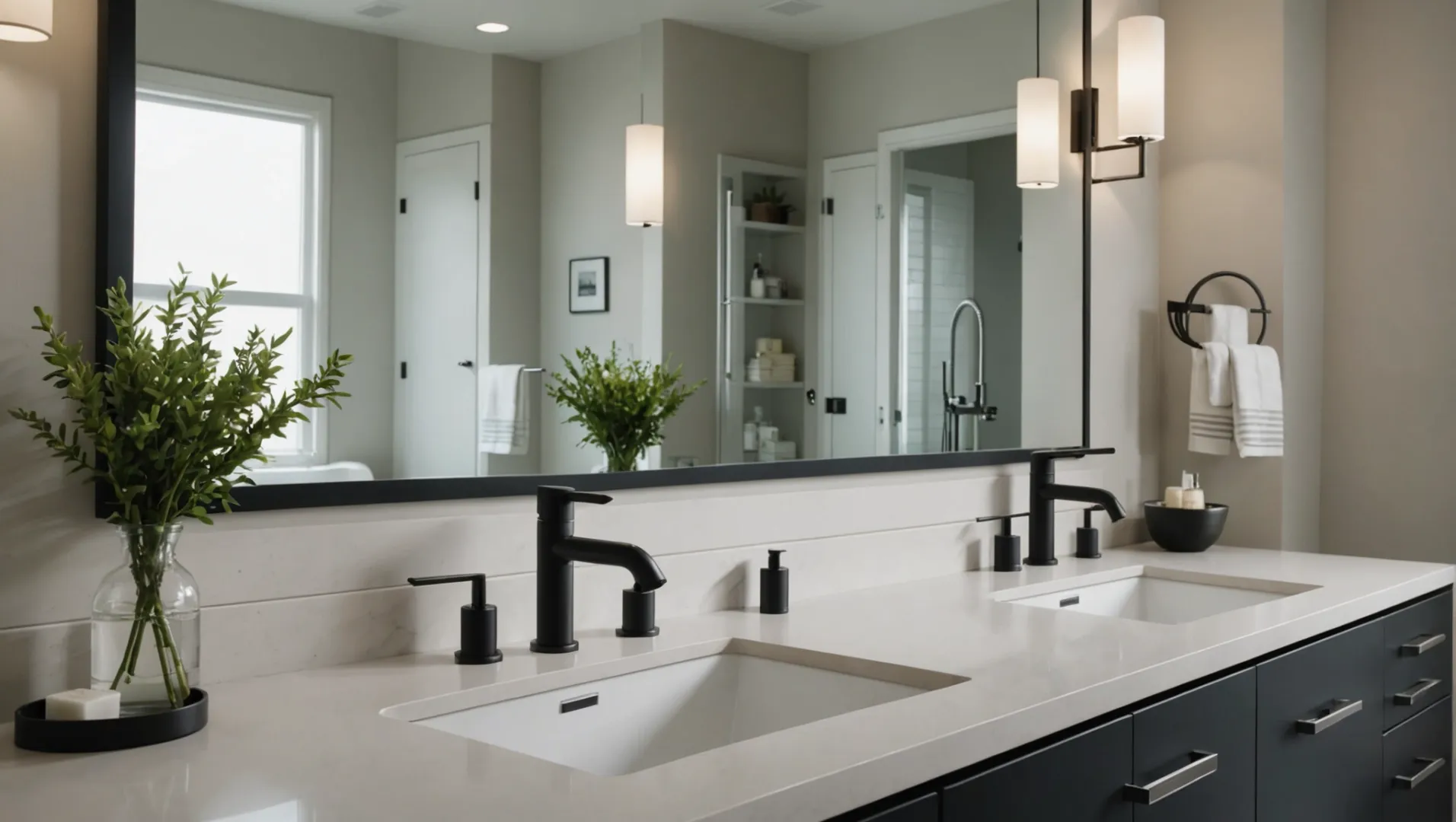 A modern kitchen faucet installed in a contemporary bathroom setting, showcasing aesthetic compatibility.