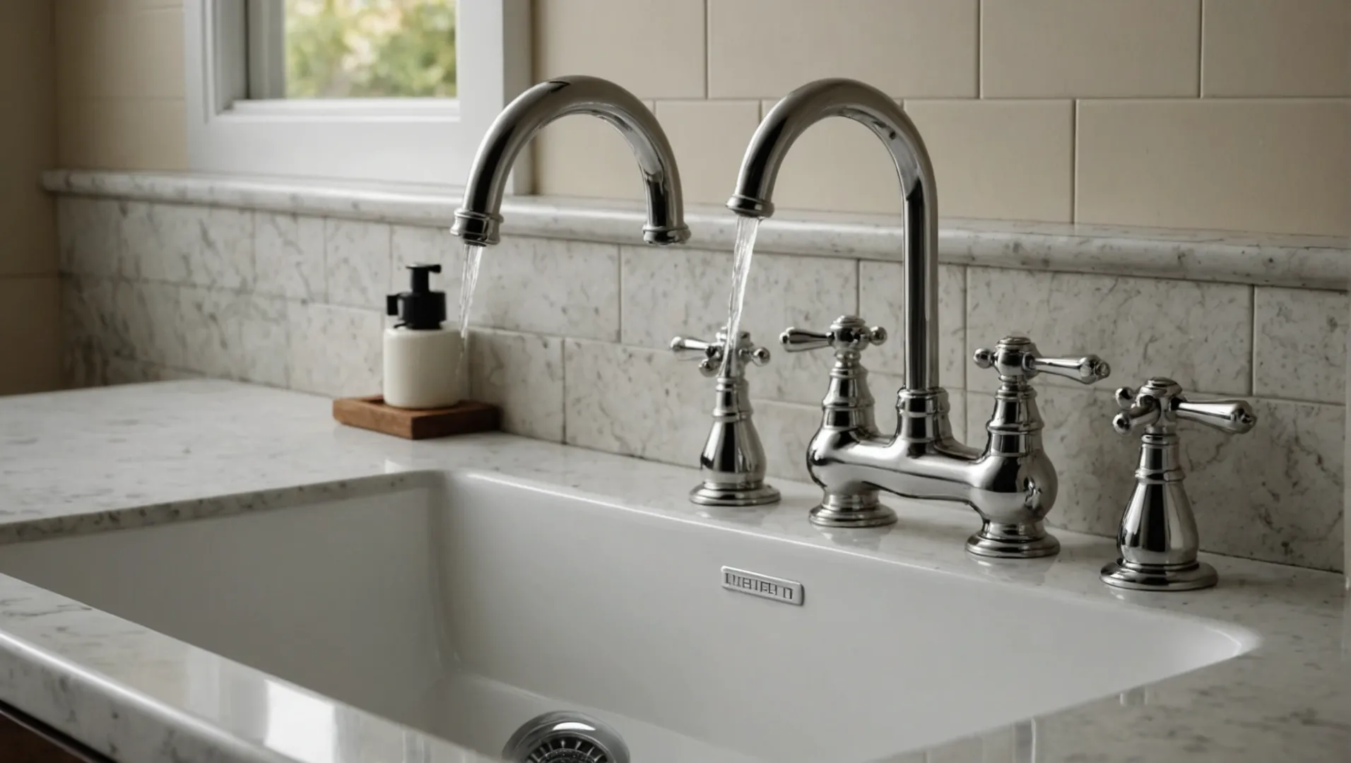 A kitchen faucet installed in a small bathroom sink, highlighting potential installation challenges.