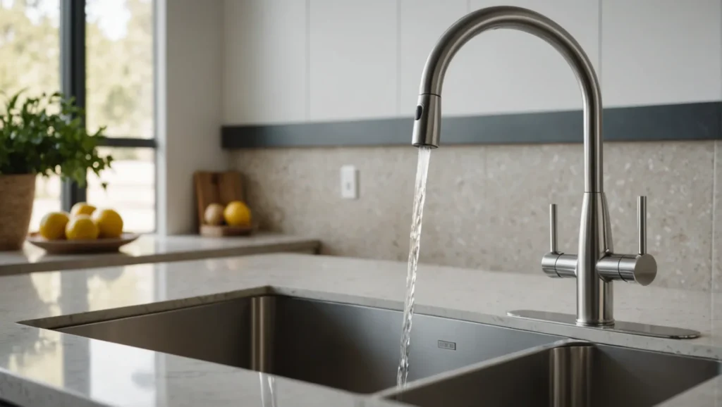 A stylish and modern kitchen faucet with brass and stainless steel elements