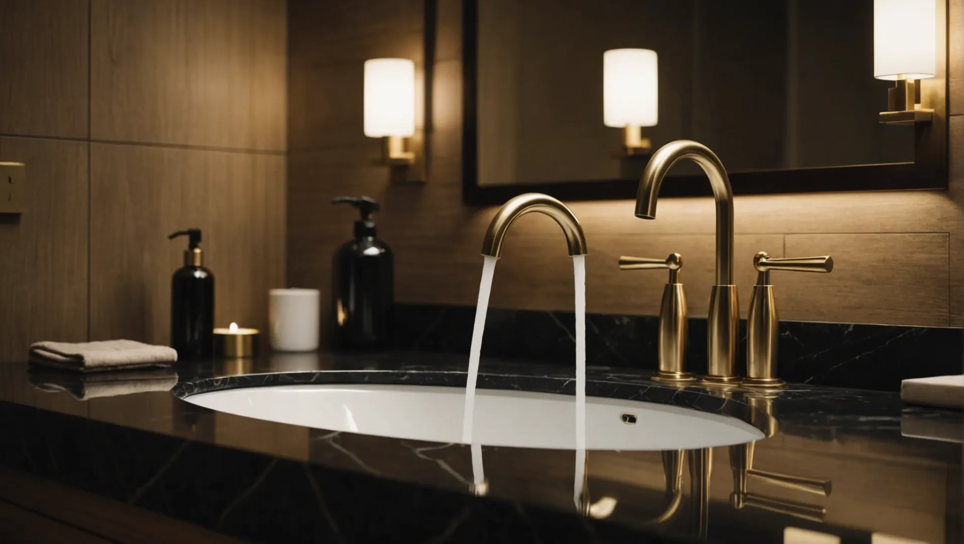 A luxurious brushed brass faucet installed in a modern bathroom