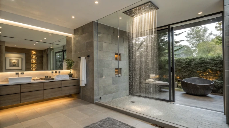 A modern bathroom with a large walk-in shower and ambient lighting