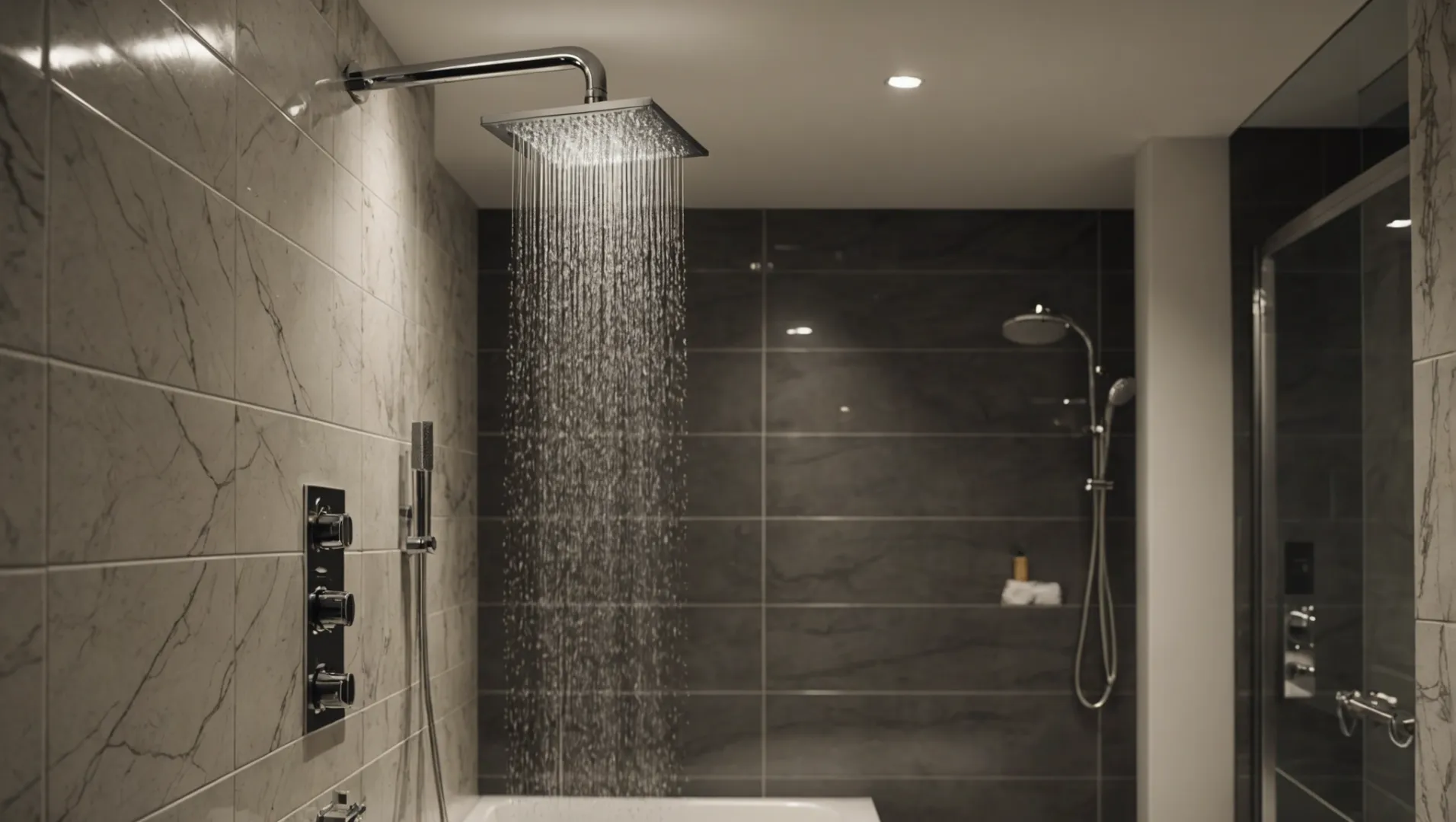 A modern rain shower head installed in a stylish bathroom
