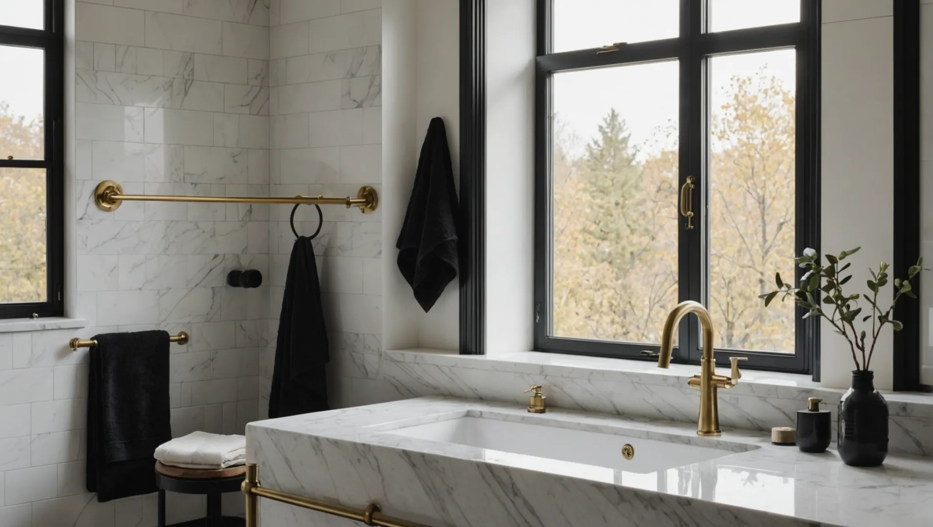 A modern bathroom featuring mixed metal fixtures with chrome, brass, and matte black finishes.