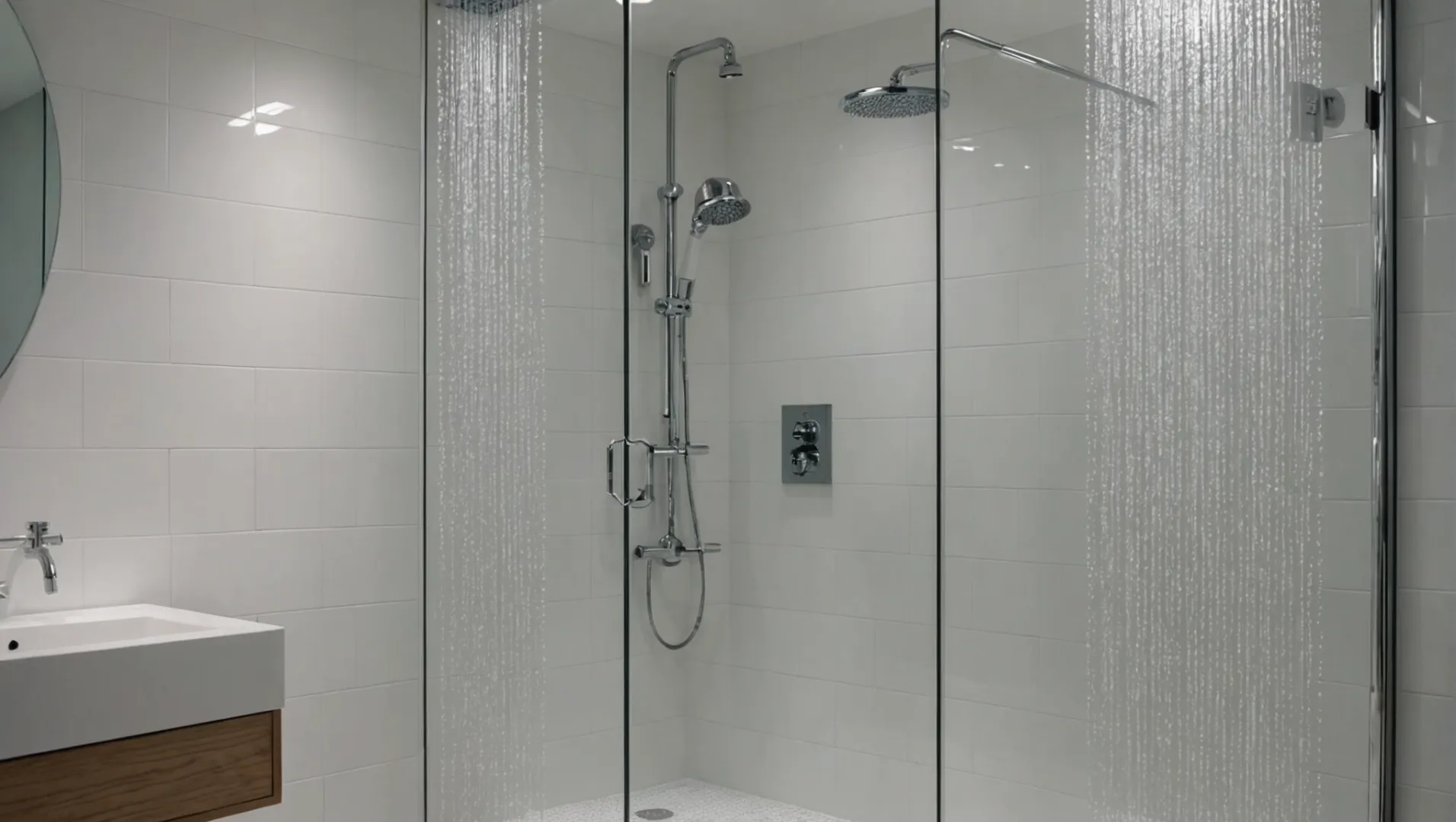 Modern bathroom with chrome rain shower head and minimalist design.