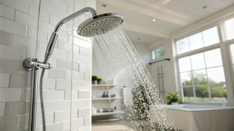 A modern bathroom with a chrome showerhead and water flowing