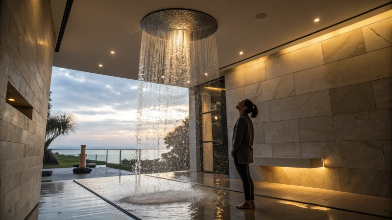 A modern bathroom with a person under a rain shower