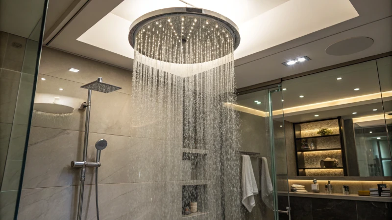 Modern bathroom with round rain shower head and minimalist design
