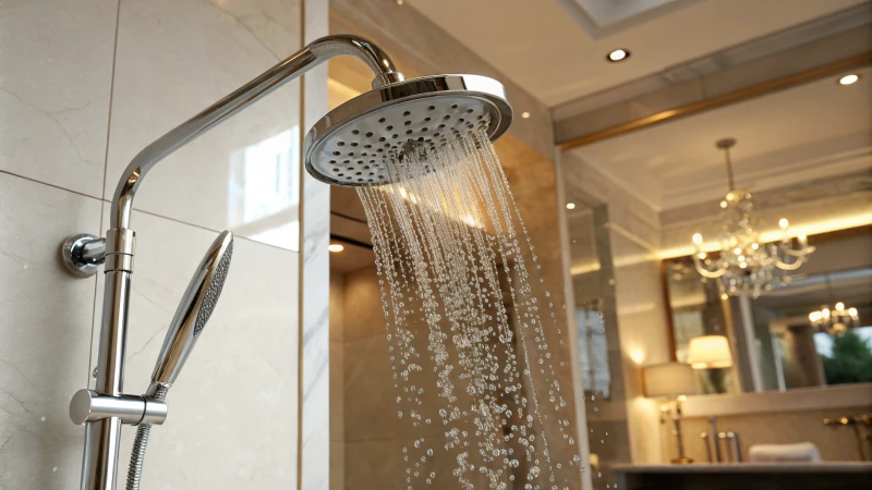 A sleek modern bathroom with a showerhead and flowing water