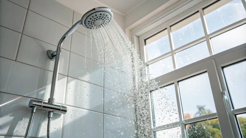 A modern bathroom with a high-efficiency showerhead and sparkling water droplets