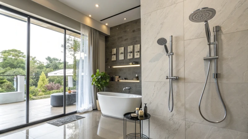 A modern bathroom featuring various showerheads mounted on a sleek wall