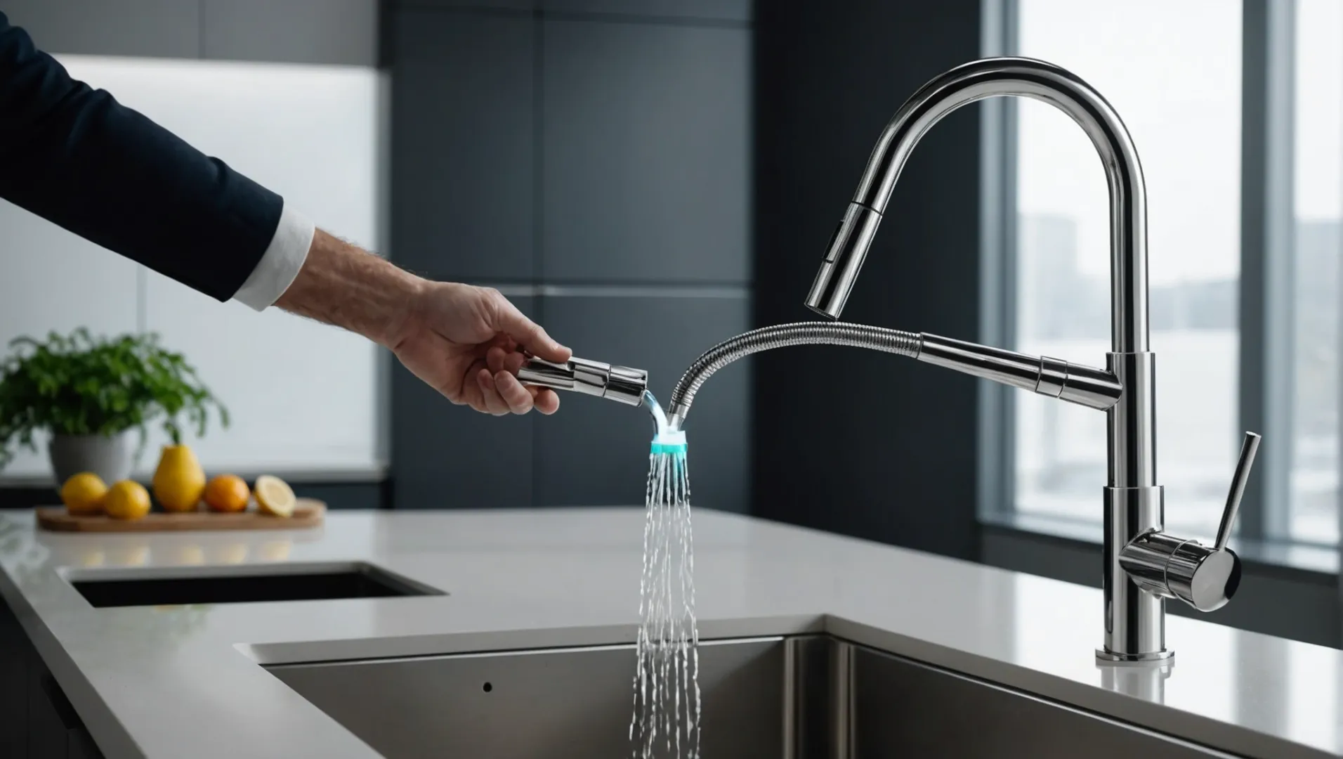 Modern faucet with touchless operation and LED lights