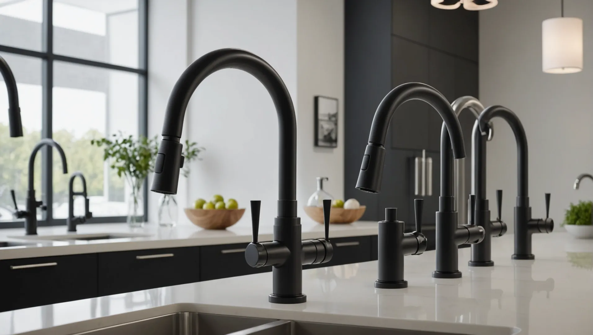 A variety of modern kitchen faucets displayed in a showroom.