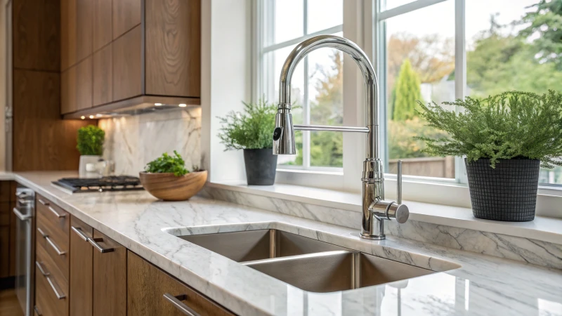 A modern kitchen with a chrome faucet and marble countertop.