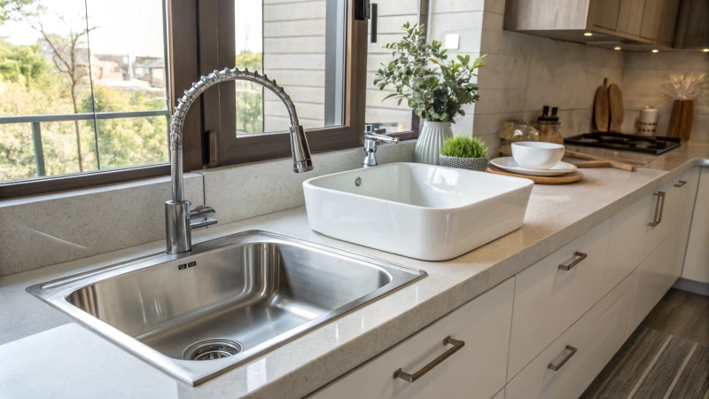 A modern kitchen showcasing two sinks
