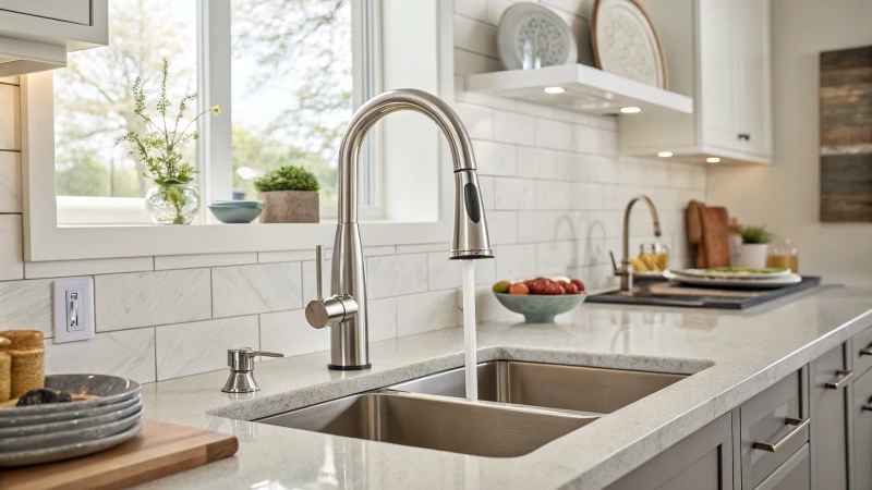 A modern kitchen featuring a high-tech Moen smart faucet with a shiny chrome finish.