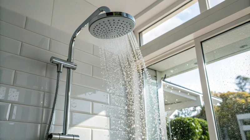 A sleek low flow showerhead in a bright bathroom with water droplets