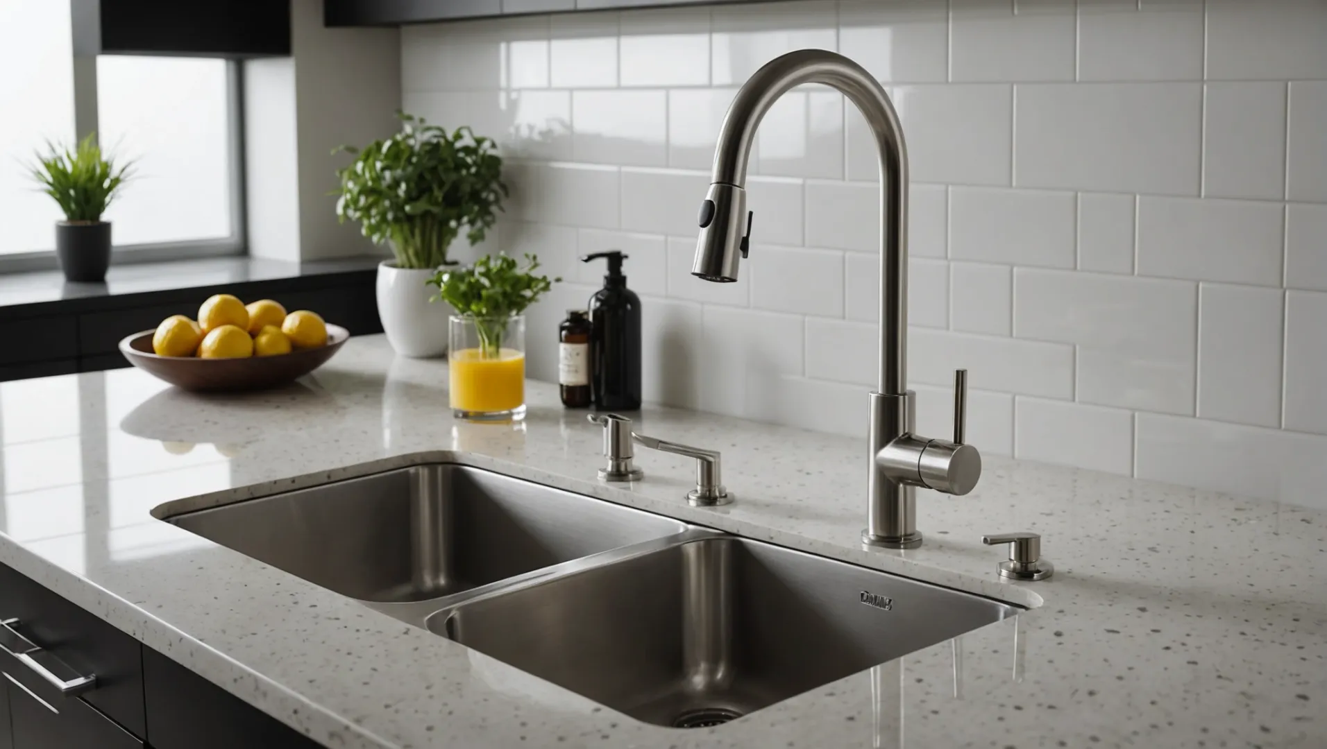 A plastic faucet installed in a modern kitchen with metal counterparts nearby.