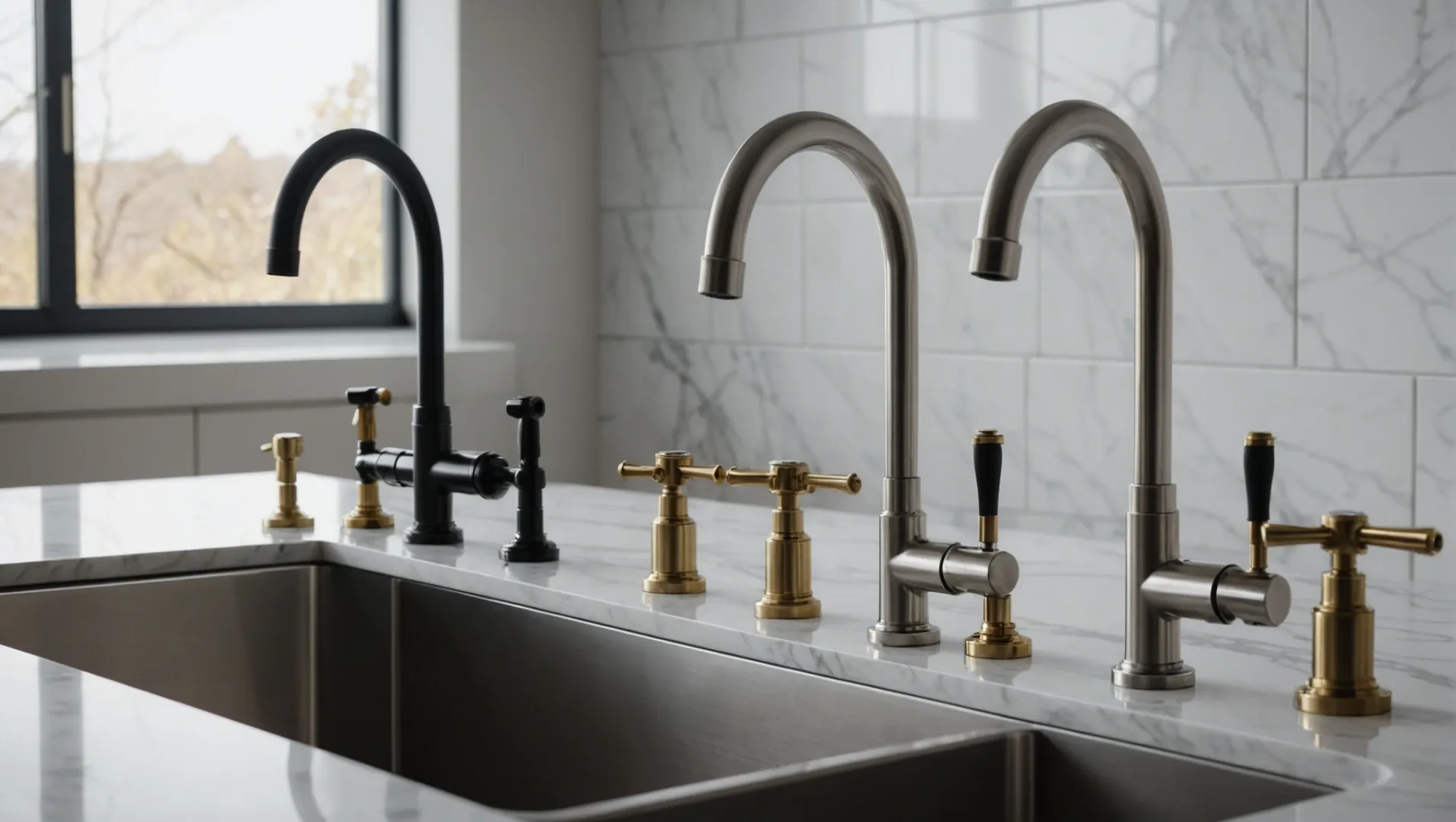 Various kitchen faucets with different finishes like polished chrome, brushed nickel, matte black, and brushed brass.