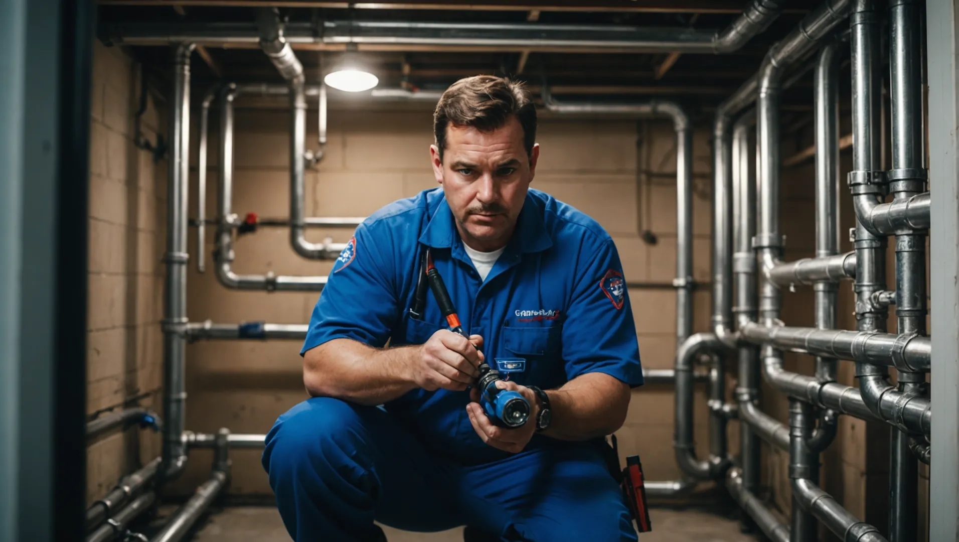 A professional plumber inspecting a pipe with a flashlight