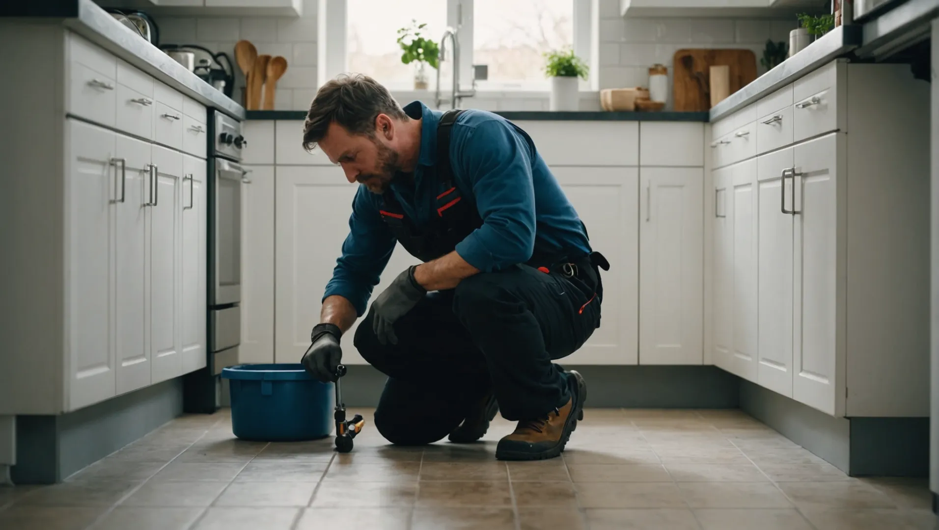 Professional plumber fixing a pipe under a sink
