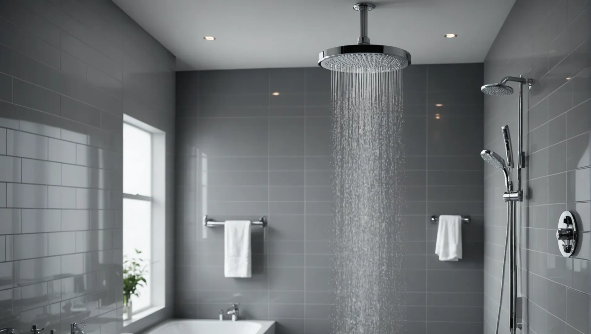 Ceiling and wall-mounted rain shower heads in a modern bathroom