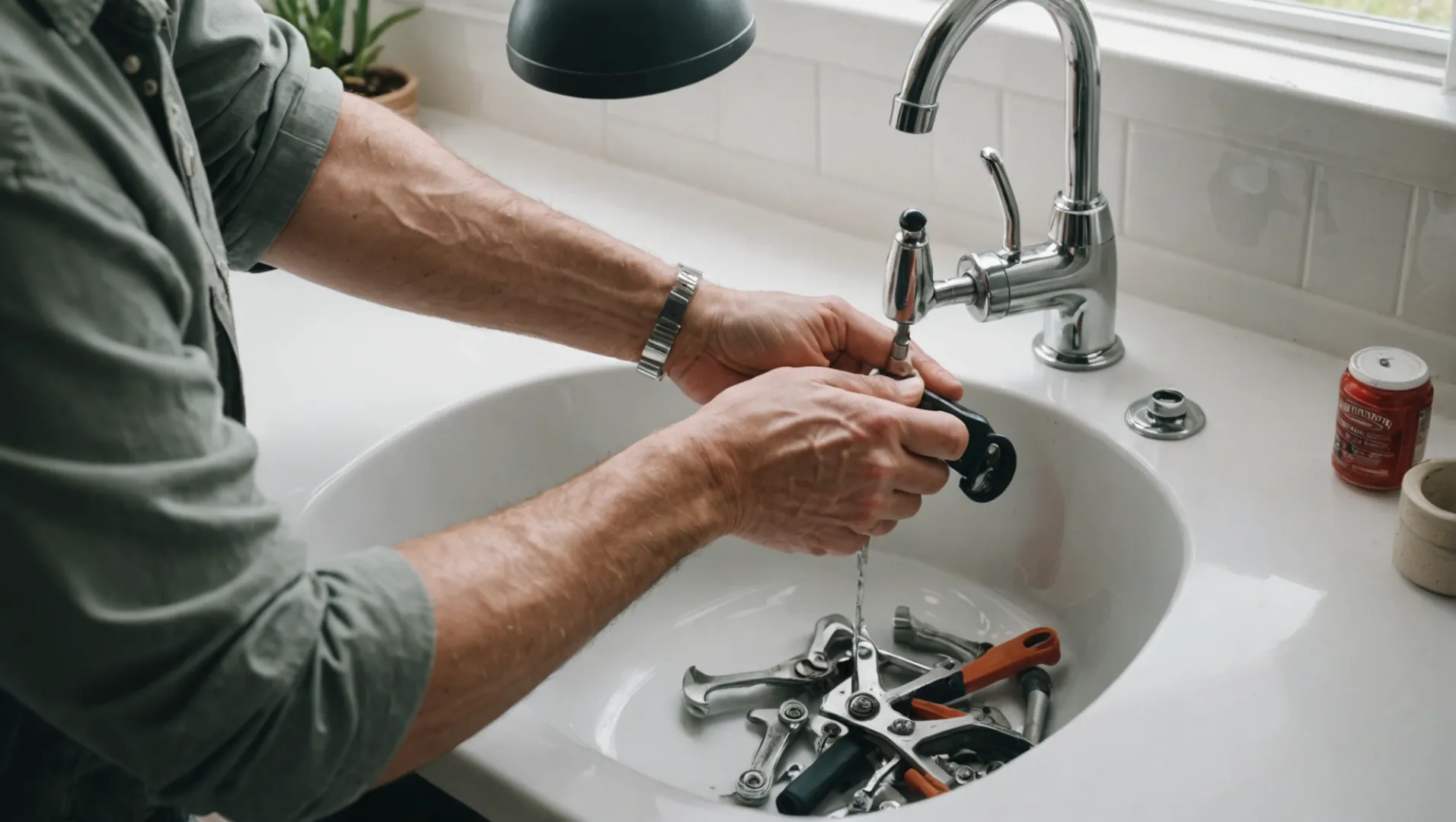 A person replacing a bathroom faucet
