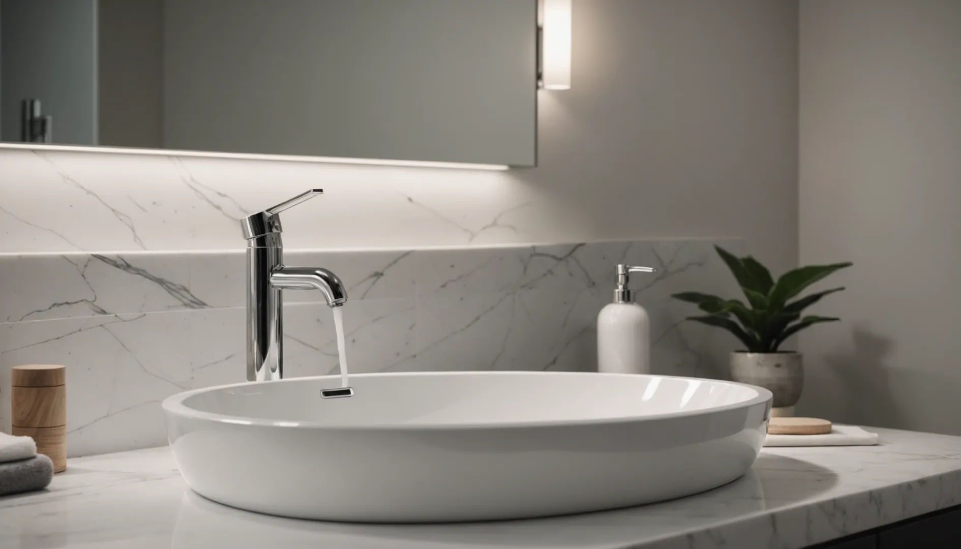Short faucet in a minimalist bathroom setting