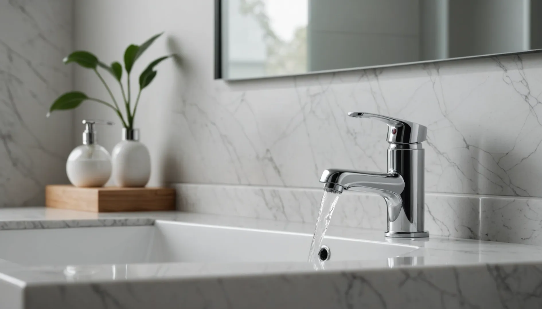 Short faucet in a modern bathroom setting